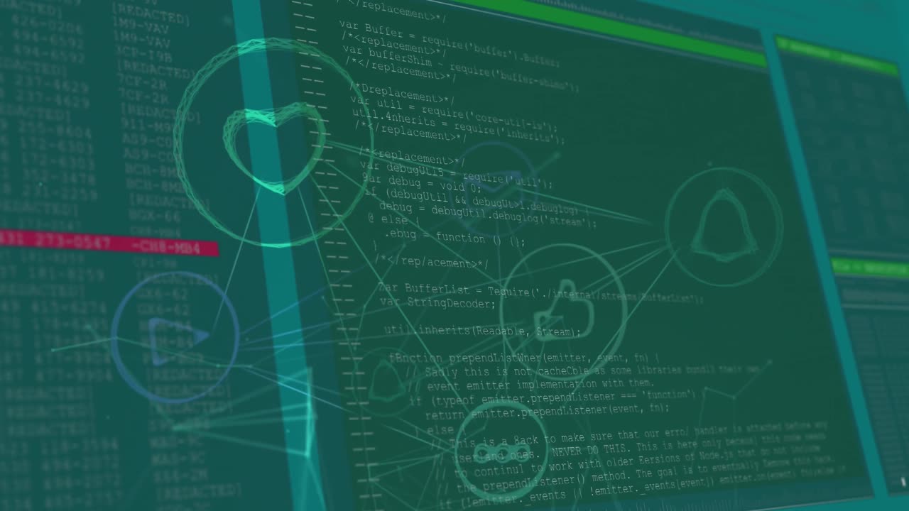 Animation of computer icons interconnecting with lines against computer language