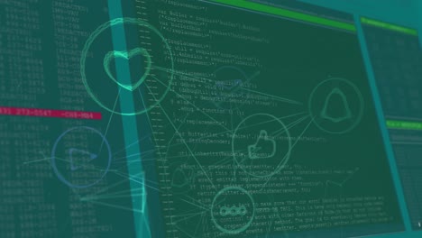 animación de iconos de computadora que se interconectan con líneas contra el lenguaje de la computadora