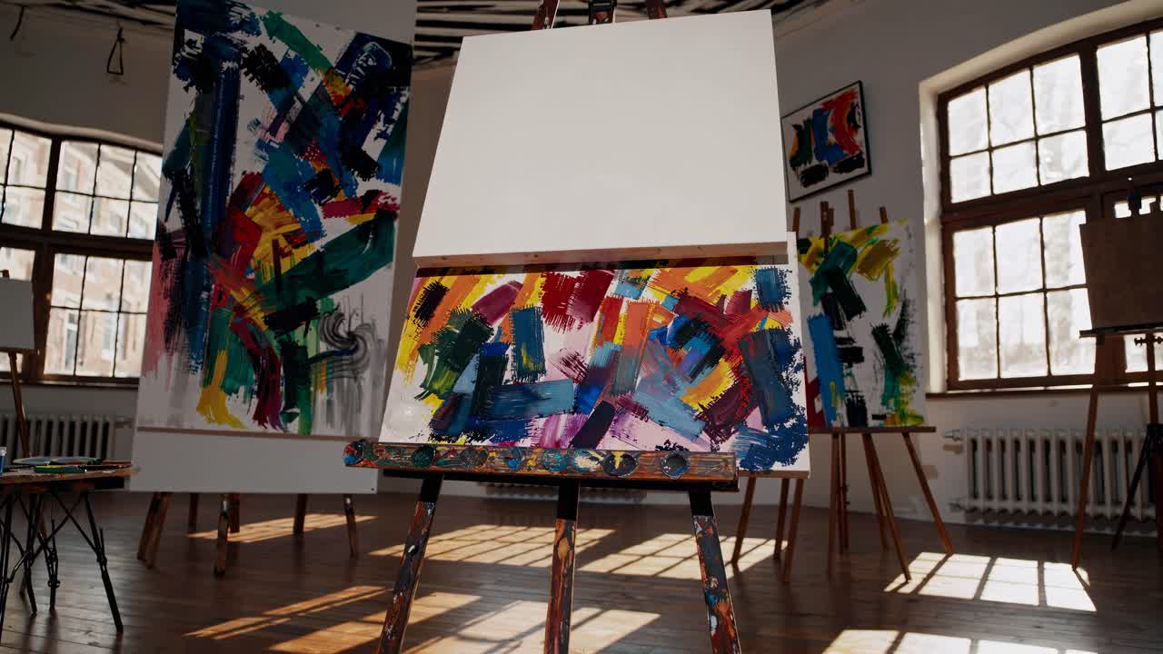 Solfylt kunststudio med staffelier og abstrakte malerier, fanget fra en lav vinkel