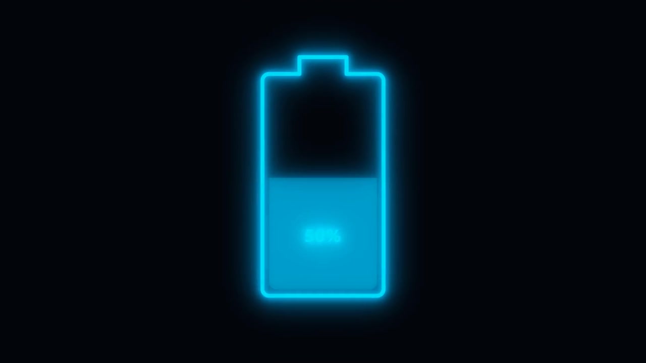 Neon Blue Battery Charging Icon Filling Up on Black Background