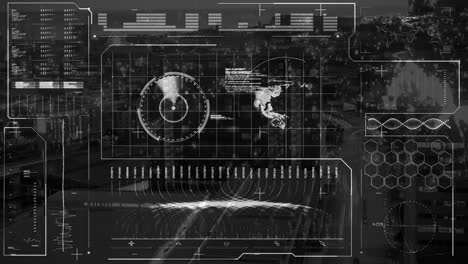 animación del globo, radar, hélice de adn, barras contra el paisaje urbano moderno en el fondo
