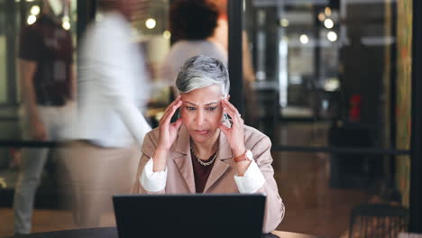 tired, headache and laptop with business woman