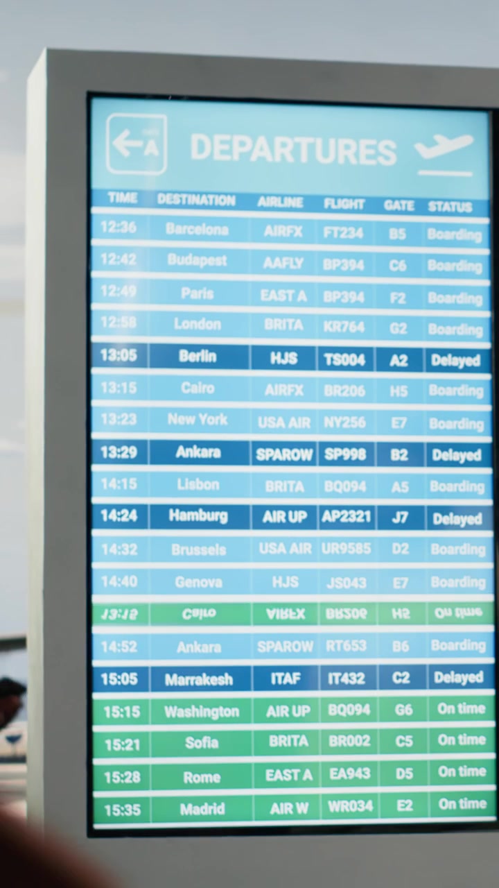 Vertical video Woman in crowded airport annoyed by flight delay during international holiday