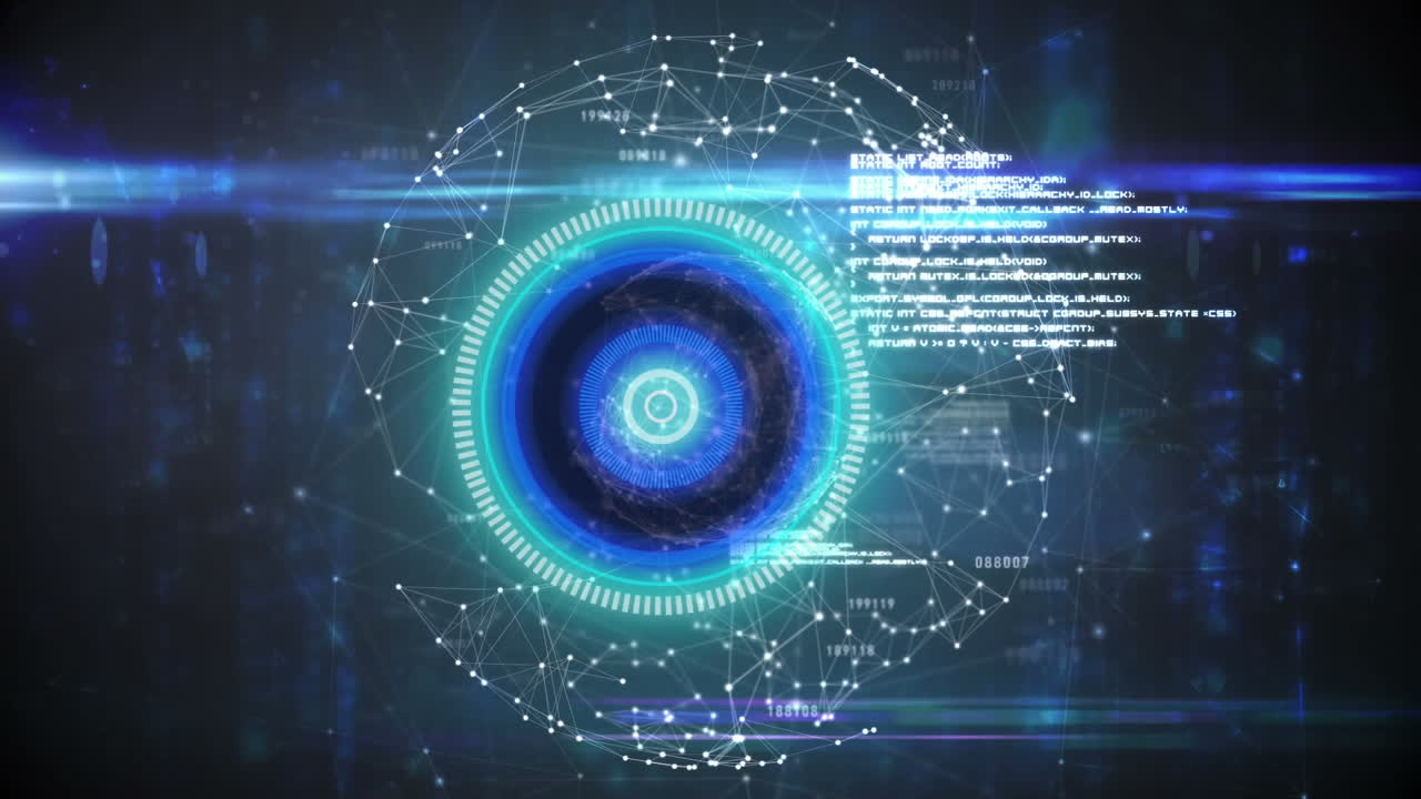 animazione della scansione dell'ambito, dei numeri e dell'elaborazione dei dati su sfondo blu