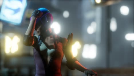 futuro concepto cyberpunk de mujer con luces de neón de la ciudad
