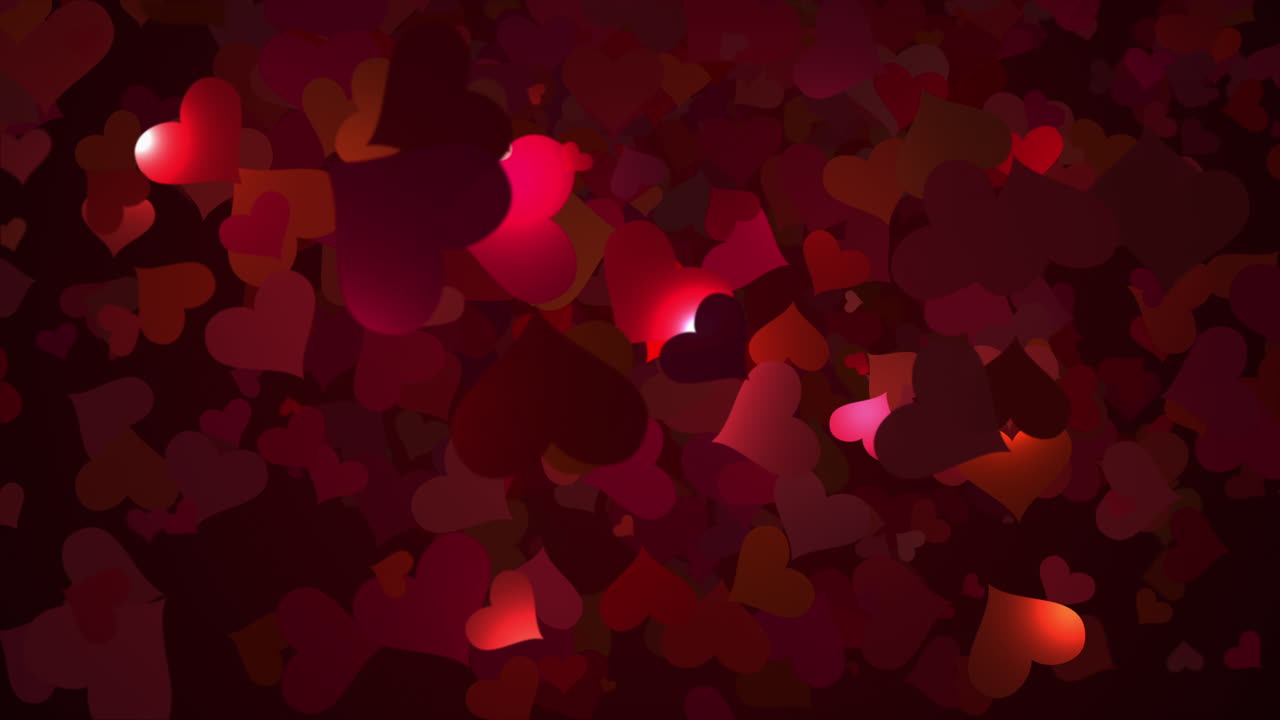 Romantic red dark background with flying hearts in the light of night lanterns. Animation of love symbols.