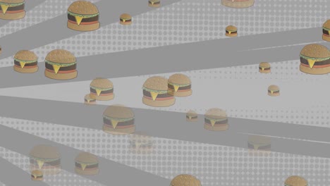Animation-of-cheeseburgers-falling-over-rotating-grey-stripes-and-dots-on-white-background