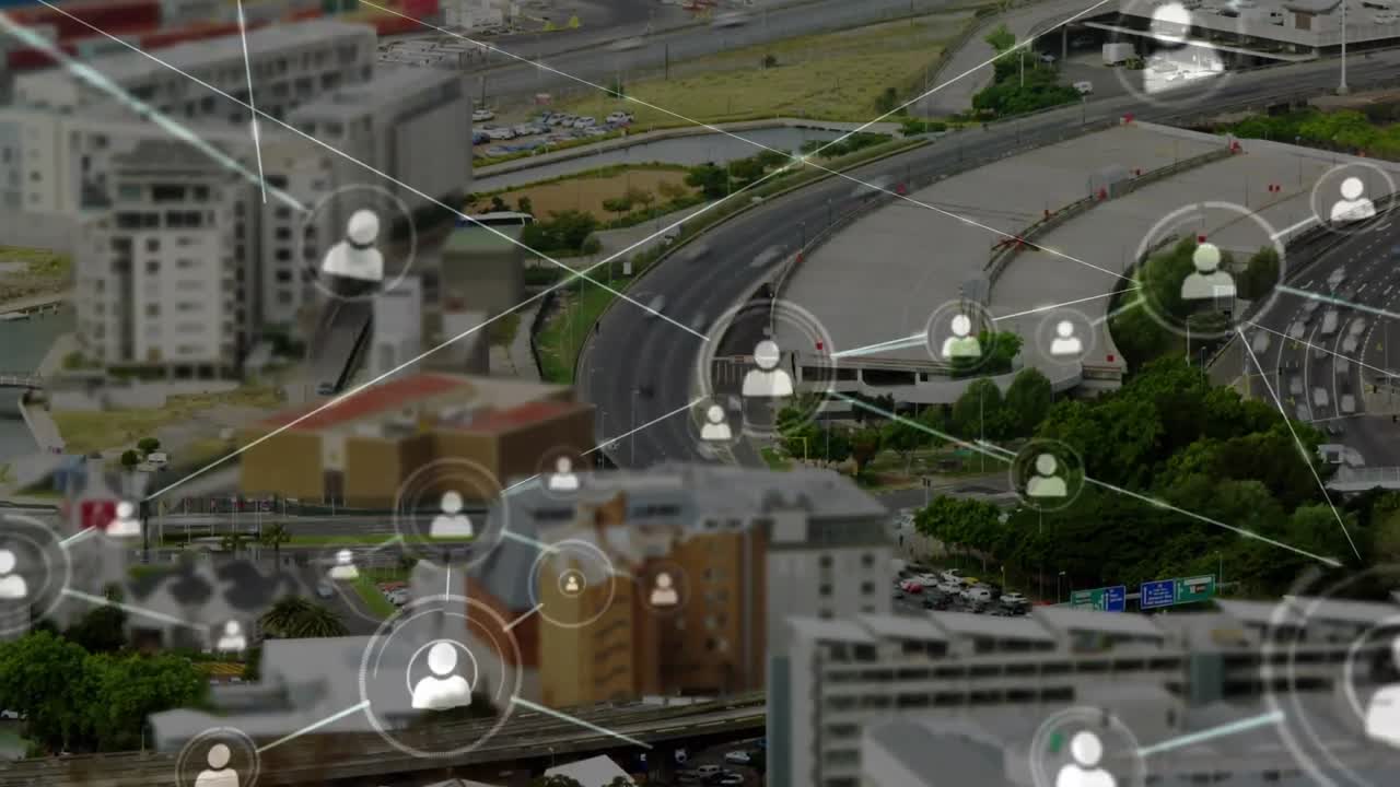 Animation of network of connections over cityscape