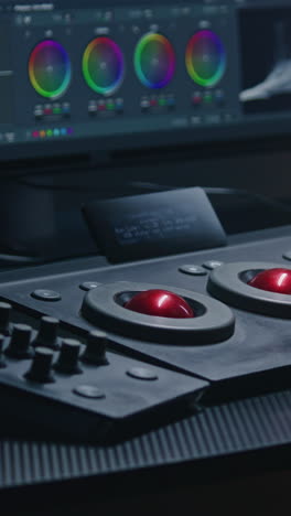 video editing workstation with color grading tools and color wheels