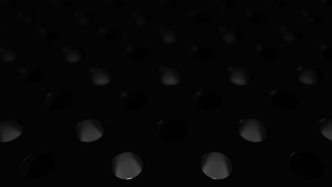esferas brillantes blancas saltan de un agujero a otro. superficie reflectante oscura con agujeros y bolas rebotantes. animación en bucle 3d render abstracto. diseño de movimiento negro mínimo con profundidad de campo.