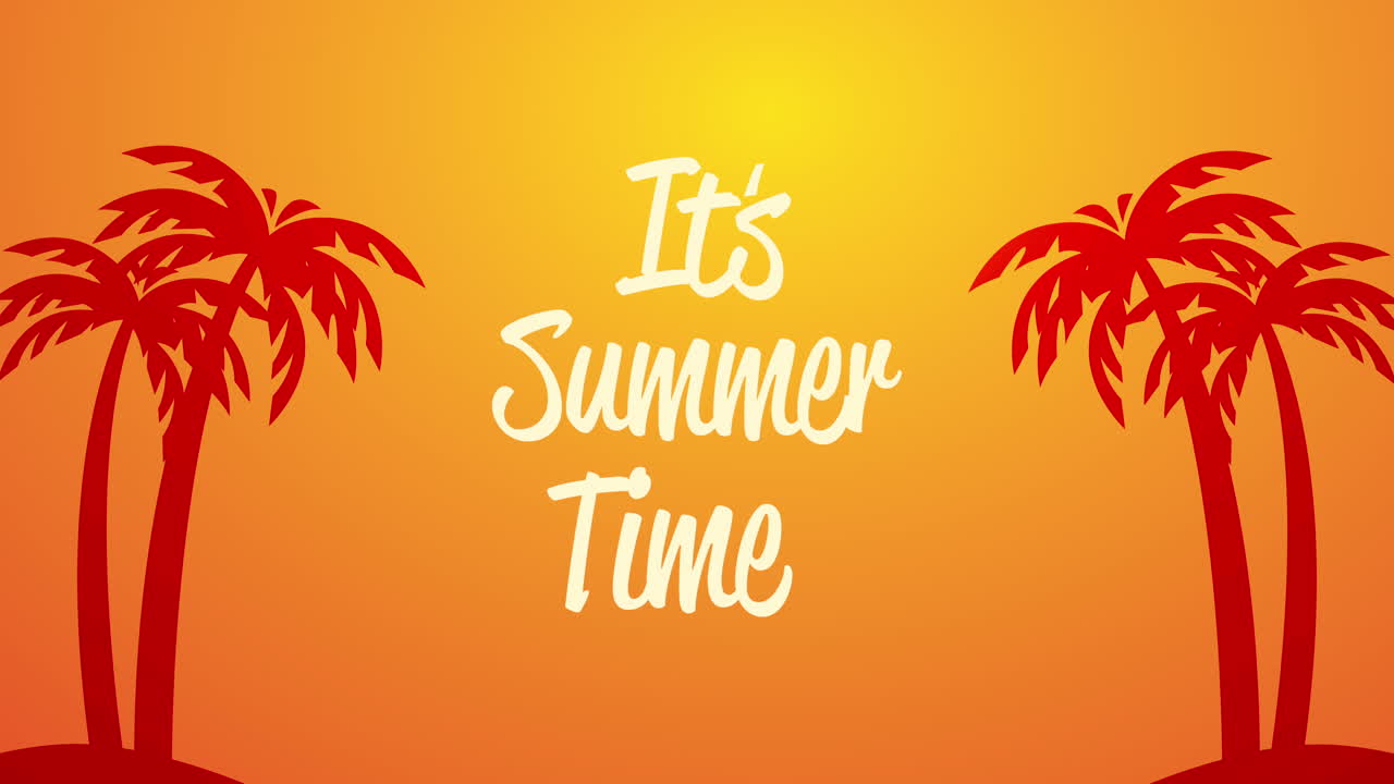 손바닥의 해가 지는 장면을 가진 여름 시간 글자 애니메이션