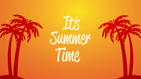 animación de letras de tiempo de verano con palmeras escena del atardecer