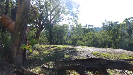 Australian-bushman-with-his-swag-walks-on-to-a-big-rock-outcrop-in-the-Australian-bush