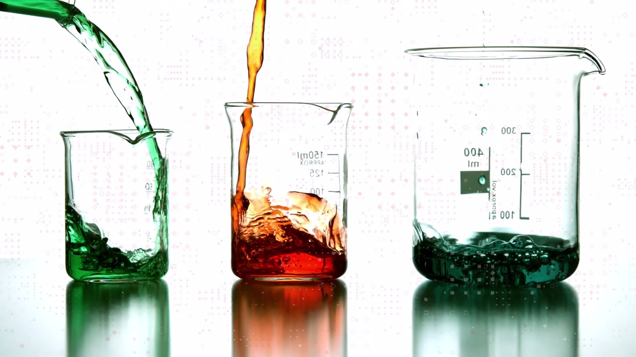 Animation of dotted pattern over liquids pouring into lab glasses