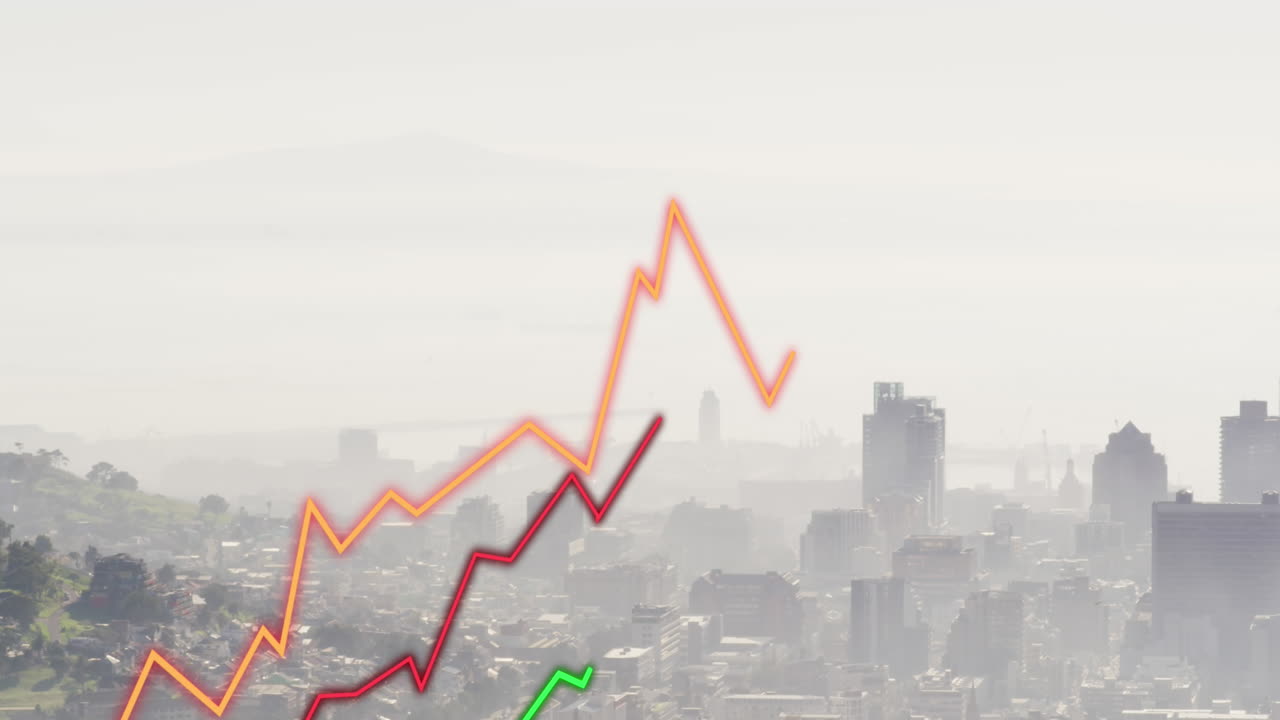 Animation of lines and financial data processing over cityscape