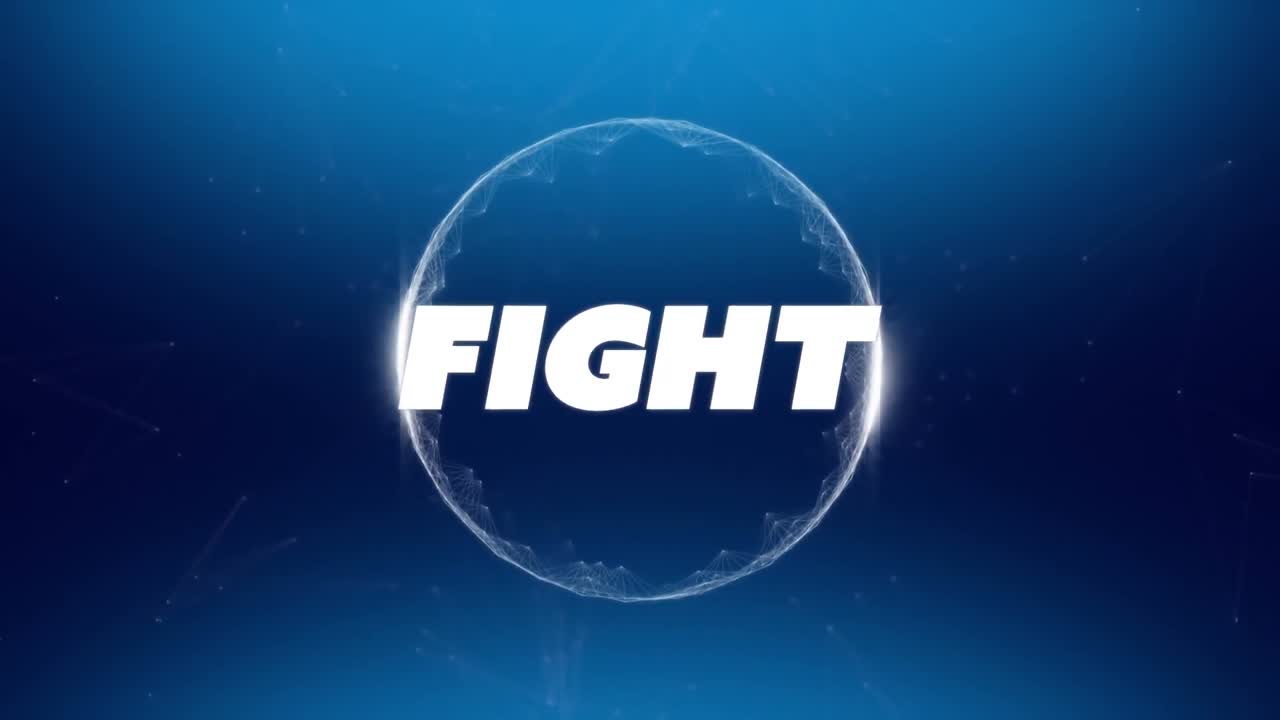 파란색 배경에 회전하는 원의 싸움 텍스트의 애니메이션