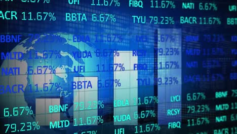 Animation-of-statistical-and-stock-market-data-processing-over-spinning-globe-on-blue-background