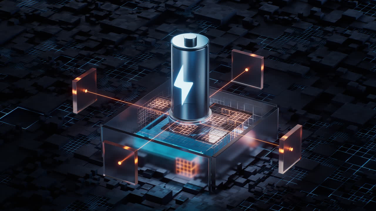 Batterie mit technologischem Schaltkreis-Hintergrund, 3D-Rendering