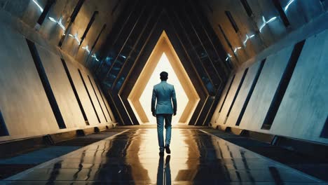 a man in a suit walking through a futuristic tunnel
