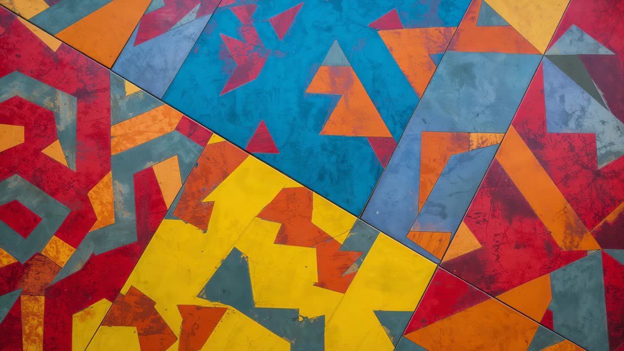 Panoramische camerabeweging die van dichtbij een geschilderd geometrisch paneel onthult, waarbij blauwe vormen worden gecentreerd en de naad zichtbaar is