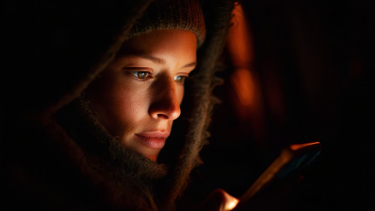 A Young Woman Intently Engaged with Her Smartphone in a Dimly Lit Environment, Capturing the Serenity and Focus of Modern Digital Connection Amidst a Cozy Atmosphere