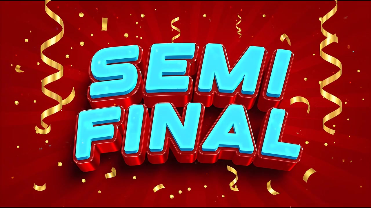 Animazione di testo semifinale tridimensionale con scritte ciano e coriandoli festivi