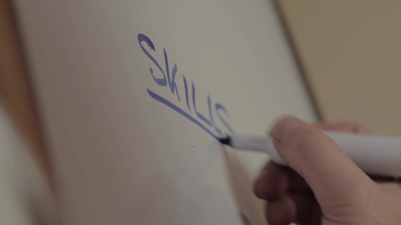 Hand writing skills list on a whiteboard