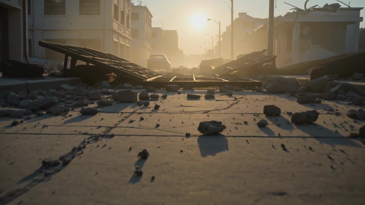 Dollying camera forward to reveal cracked pavement and rubble on damaged street, showing barricade