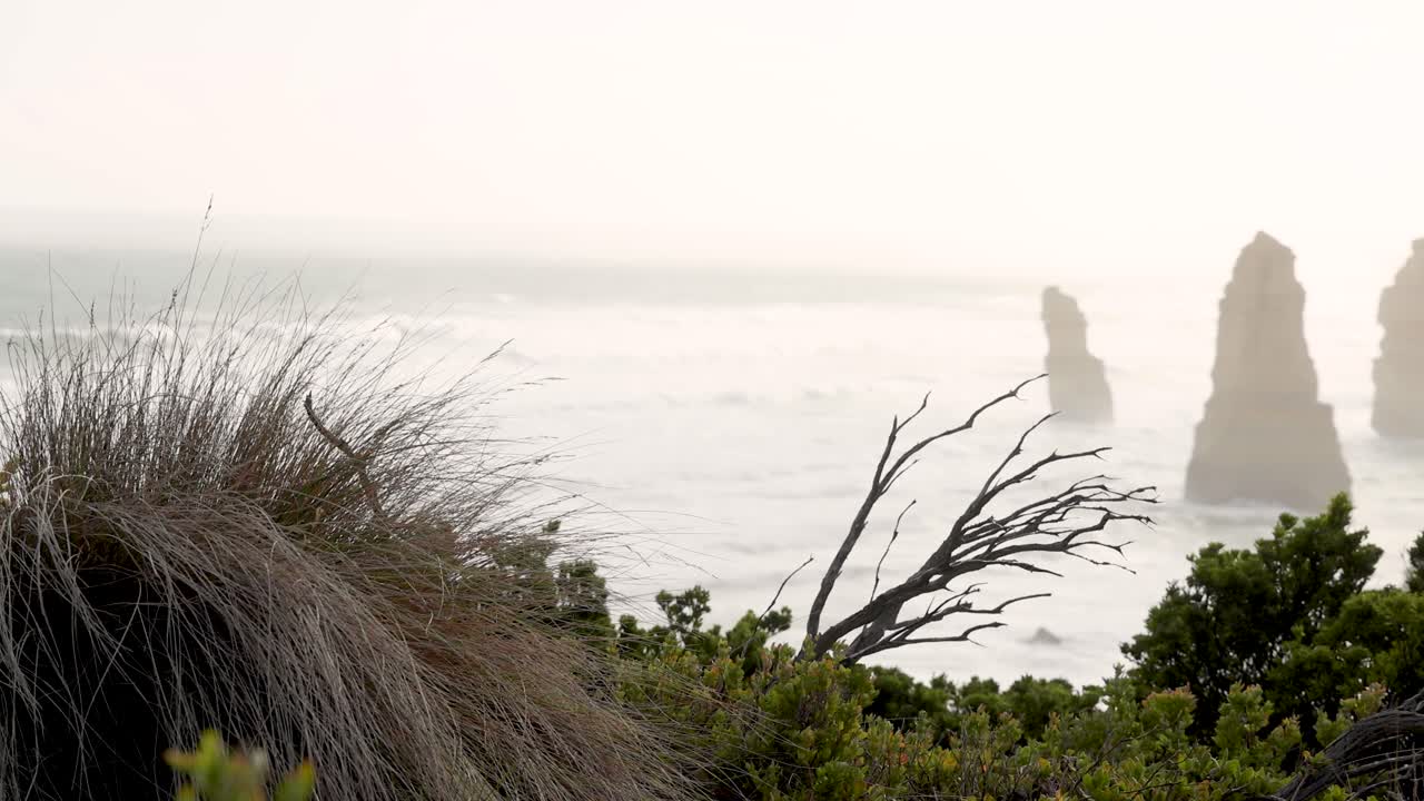 las olas chocando contra las icónicas pilas de piedra caliza
