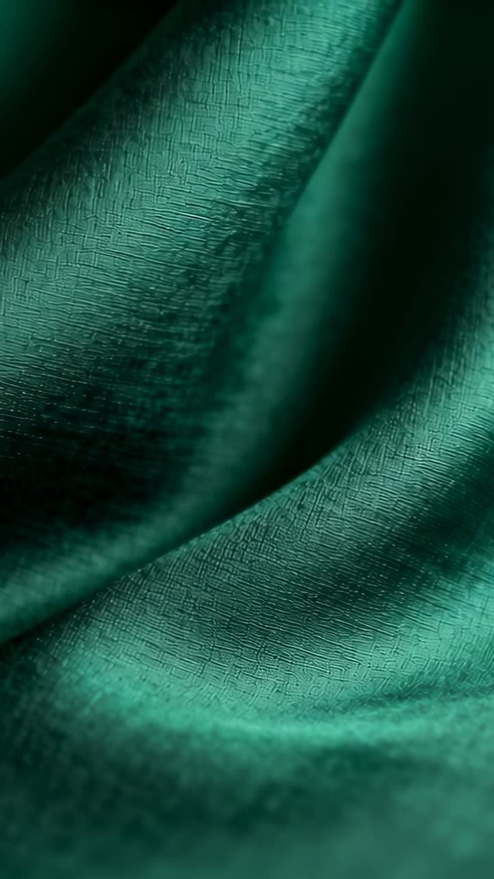 Vertical video: Soft light shifting emerald textile forming subtle folds in studio, revealing weave