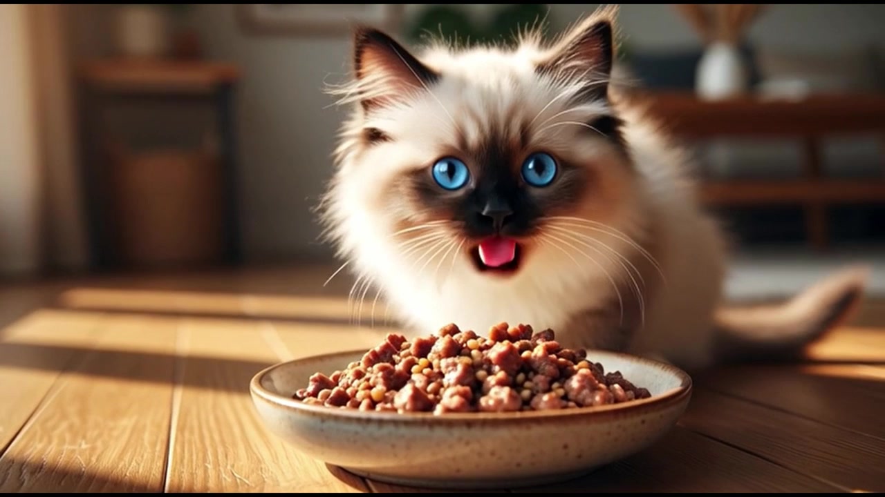 Flauschiges Ragdoll-Kätzchen frisst Trockenfutter aus einem Napf