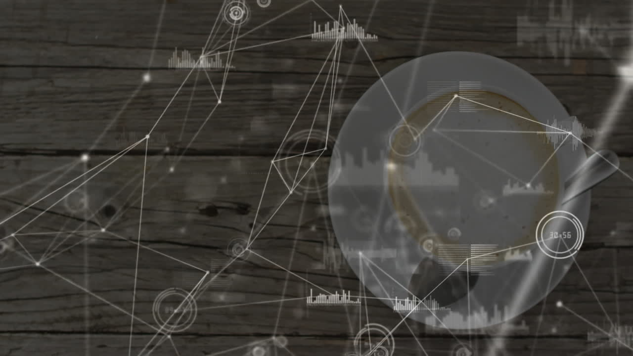 White coffee cup floating above wooden table surface, showing digital network nodes and bar charts