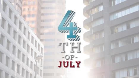 animation of fourth of july text over cityscape