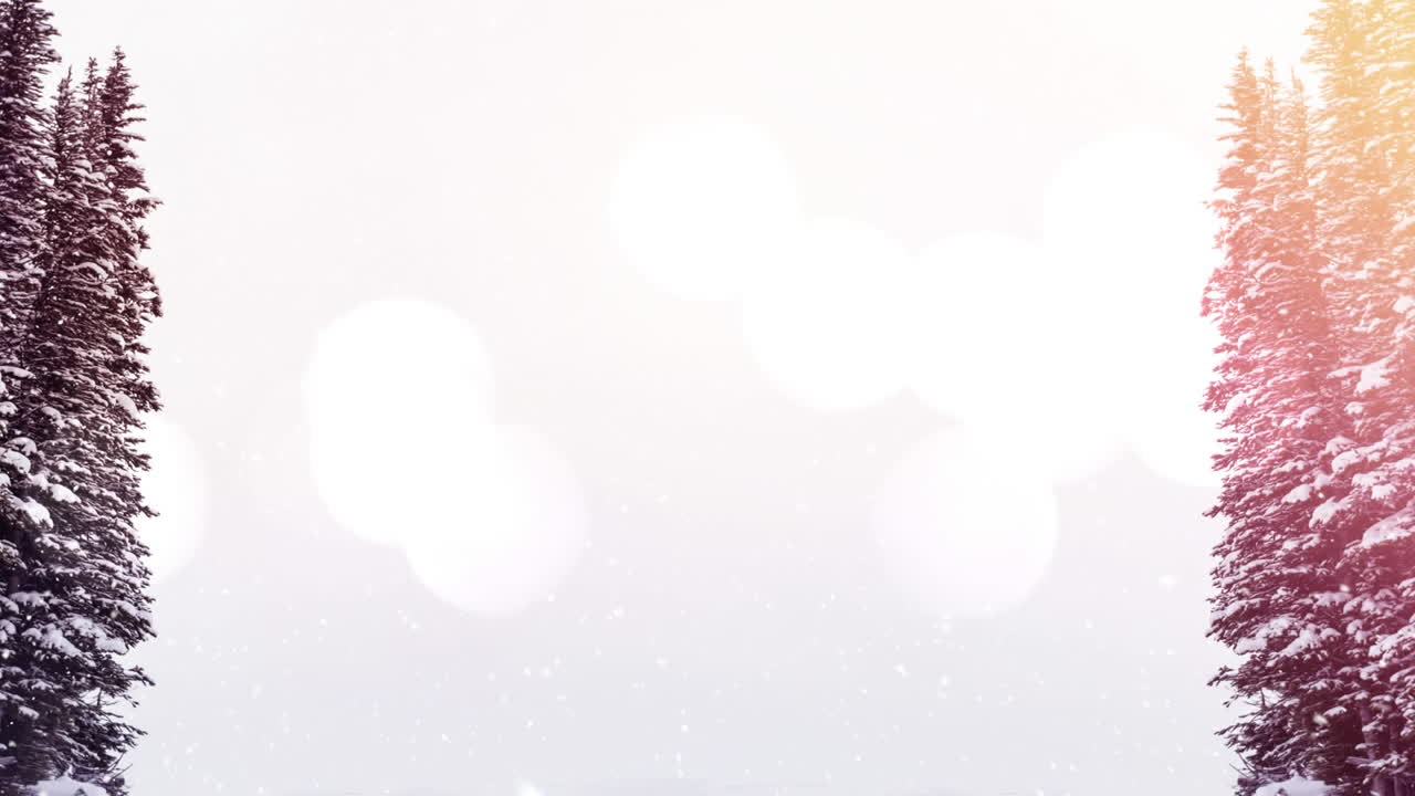 Animación digital de focos de luz con nieve cayendo sobre un paisaje invernal con árboles.