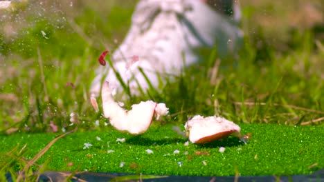 a red apple being crushed with a golf bat equipment on a golf course in slow motion and close up