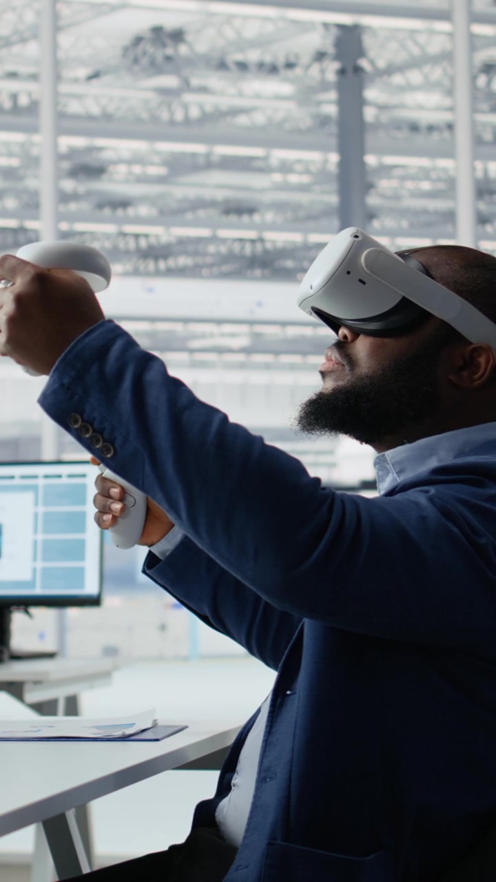 Vertical video Microchip factory lab specialist using VR headset to analyze chip architecture