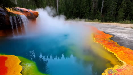 colorful hot spring with waterfall in a forest