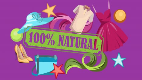 animation of natural text and fashion accessories on purple background