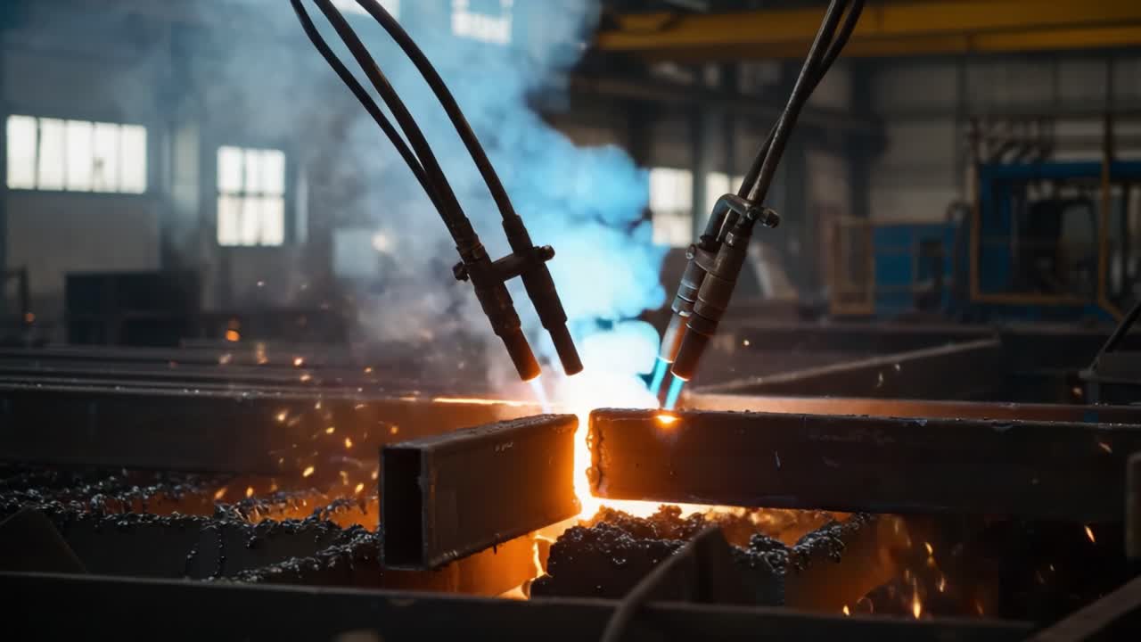 Intense Welding Process Captured: A Close-up Look at the Sparkling Flames and Smoke Emanating from the Metal Joining in a Dynamic Industrial Environment