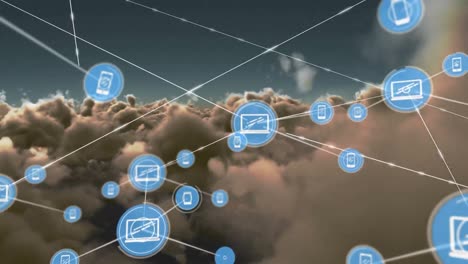 animation of network of connections with icons over sky with clouds