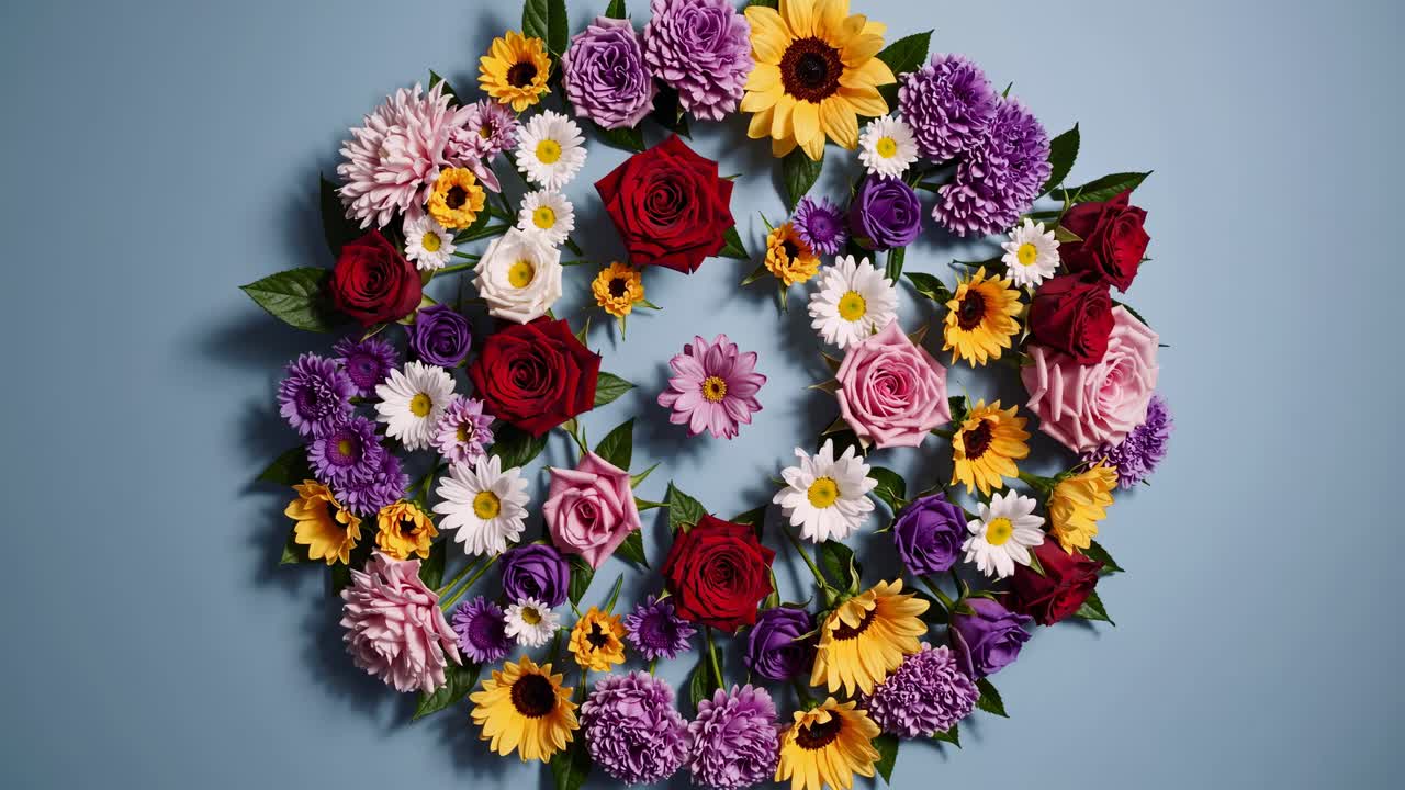 Draufsicht auf einen lebendigen Blumenkranz vor blauem Hintergrund, perfekt als Video-Hintergrund
