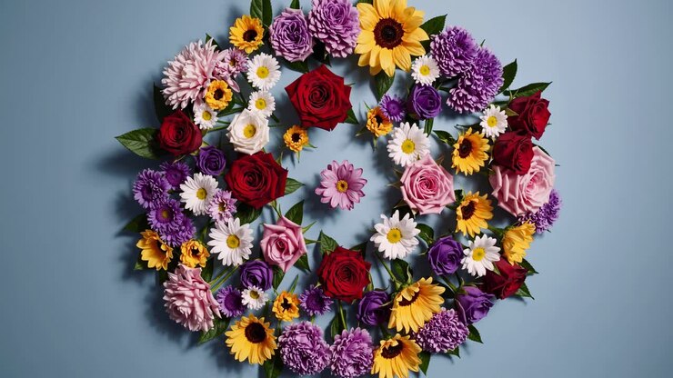 Draufsicht auf einen lebendigen Blumenkranz vor blauem Hintergrund, perfekt als Video-Hintergrund