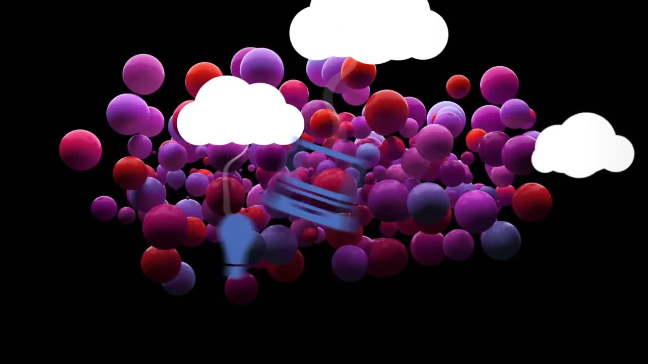 animación de nubes con iconos sobre bolas rojas y púrpuras