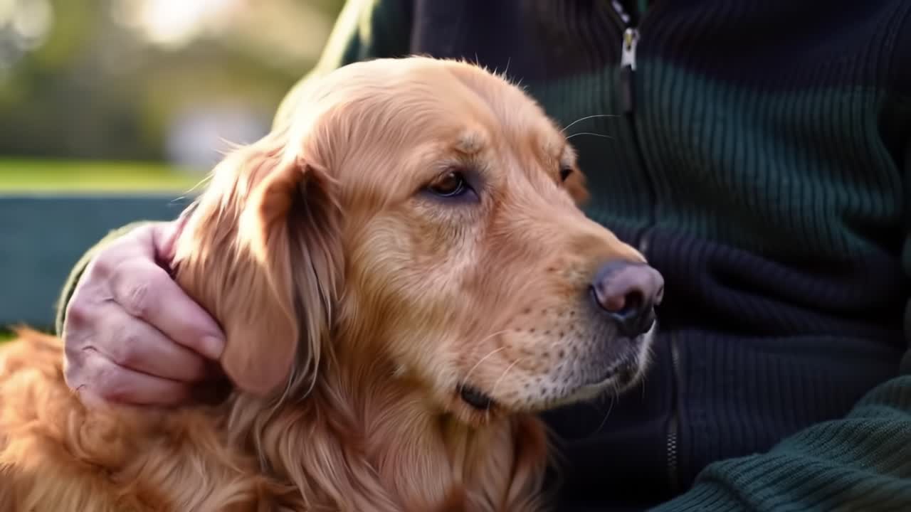 A Heartwarming Moment Between a Person and Their Beloved Golden Retriever, Showcasing Their Bond in a Tranquil Outdoor Setting