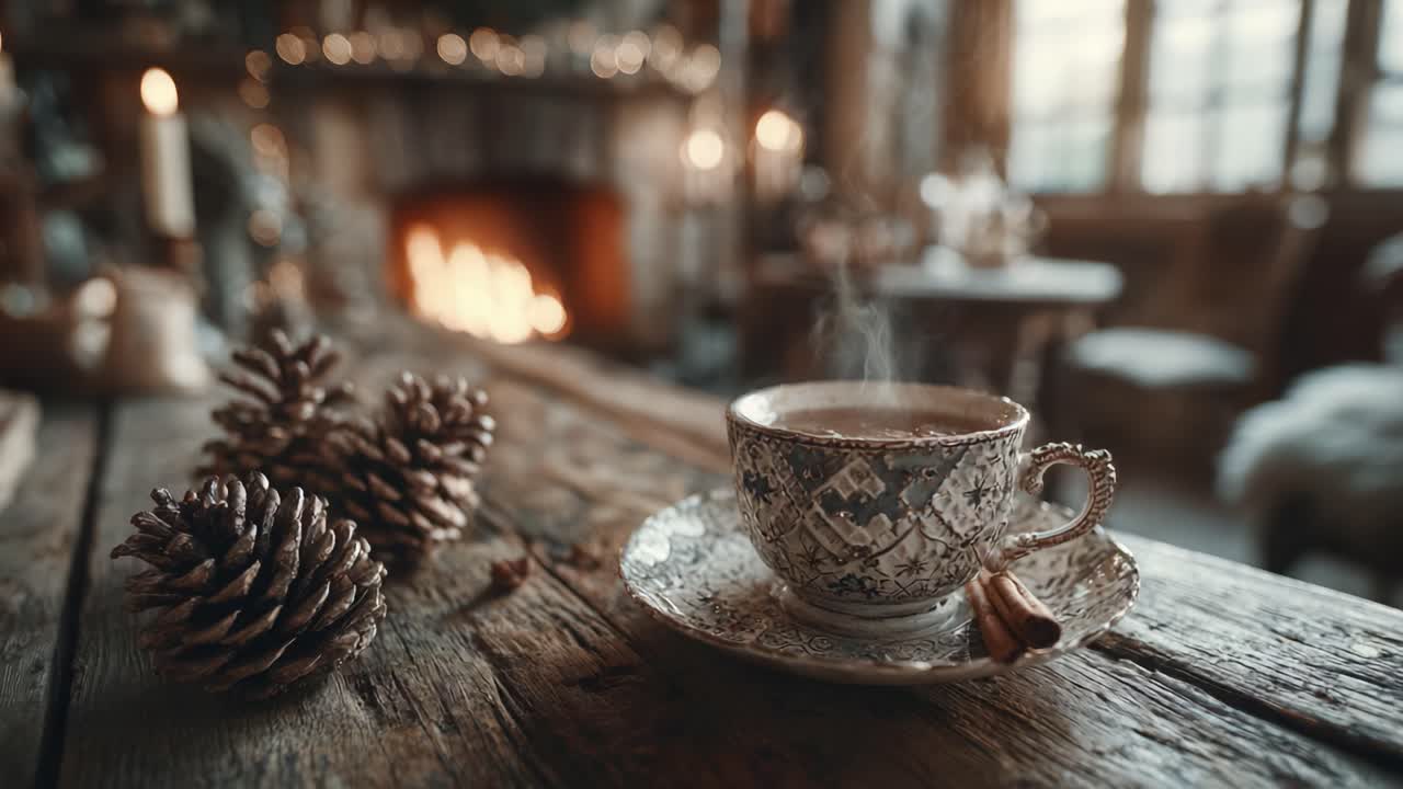 A Cozy Winter Scene Featuring a Decorative Cup of Steaming Beverage Surrounded by Pinecones, Warm Hearth, and Rustic Wooden Table Aesthetic