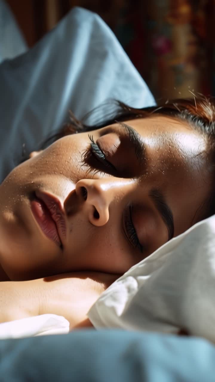 Et fredfyldt øjeblik af ro: En kvinde sover fredeligt under bløde hvide dyner i et solbeskinnet rum, fanget med smukke detaljer.