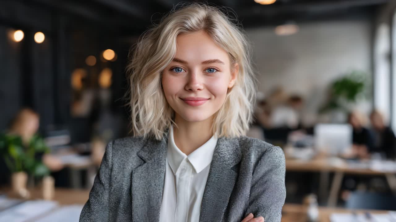 Giovane professionista sicura di sé in un elegante blazer, che sorride calorosamente, trasmettendo positività e sicurezza in un moderno ambiente d'ufficio con colleghi impegnati nel lavoro