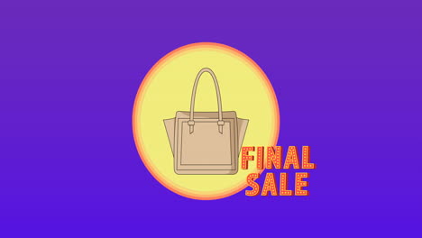 animación del texto final de venta y el bolso de mano sobre fondo azul