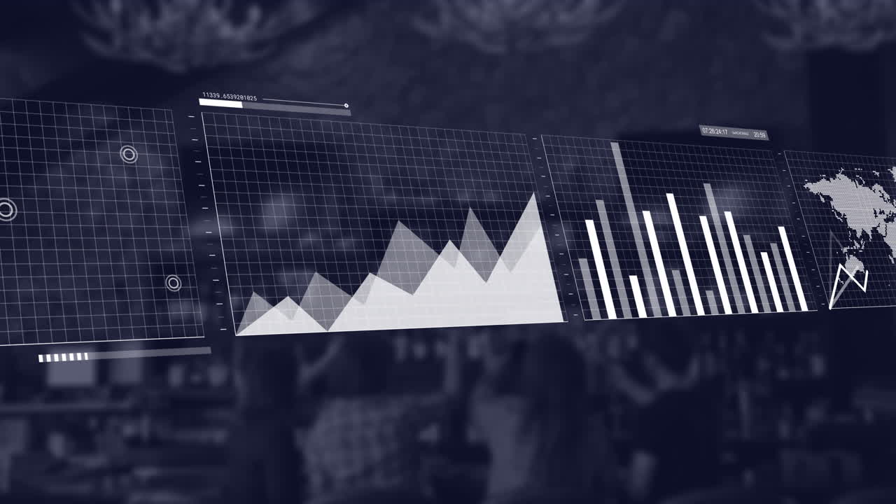 animación de pantallas con múltiples gráficos y mapa moviéndose sobre la cafetería