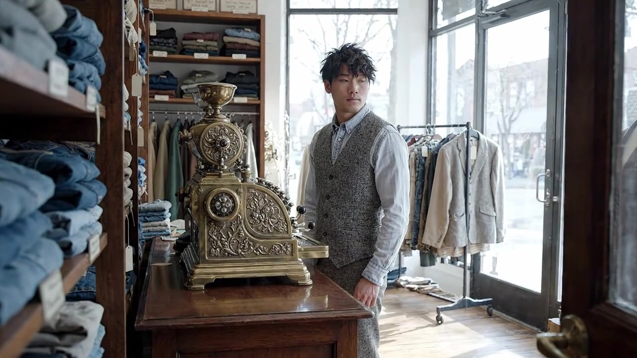 Un'esperienza di vetrina nostalgica: interagire con abbigliamento vintage e un'antica cassa registratrice in un'accogliente boutique di moda
